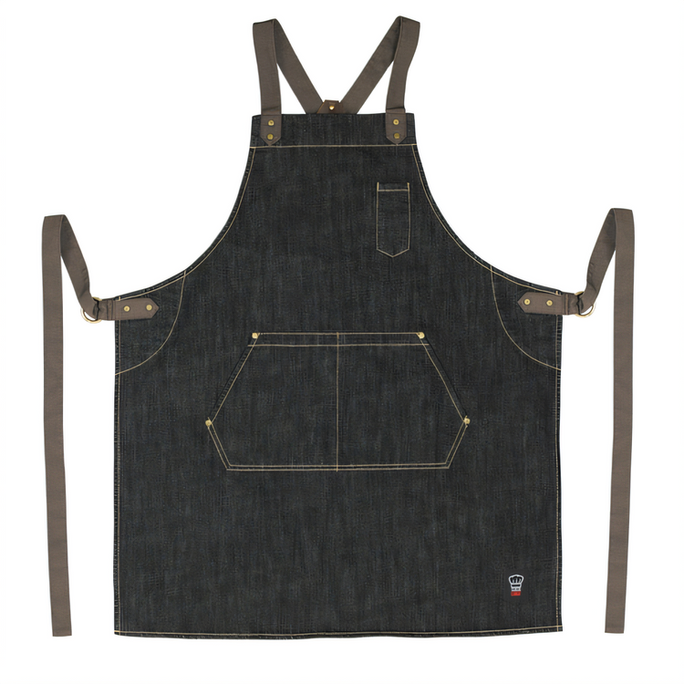 Product image #1 for Signature Chef Heavyweight Denim Cross-Back Bib Apron, 31-3/4 x 26-3/4 Inches, Dark Wash with Brown Straps