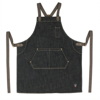 Signature Chef Heavyweight Denim Cross-Back Bib Apron, 31-3/4 x 26-3/4 Inches, Dark Wash with Brown Straps