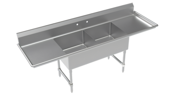 Product image #1 for Krowne Royal Series 2-Compartment Commercial Sink with Left and Right Drainboards, 96-Inch Wide, 18-Gauge 304 Stainless Steel