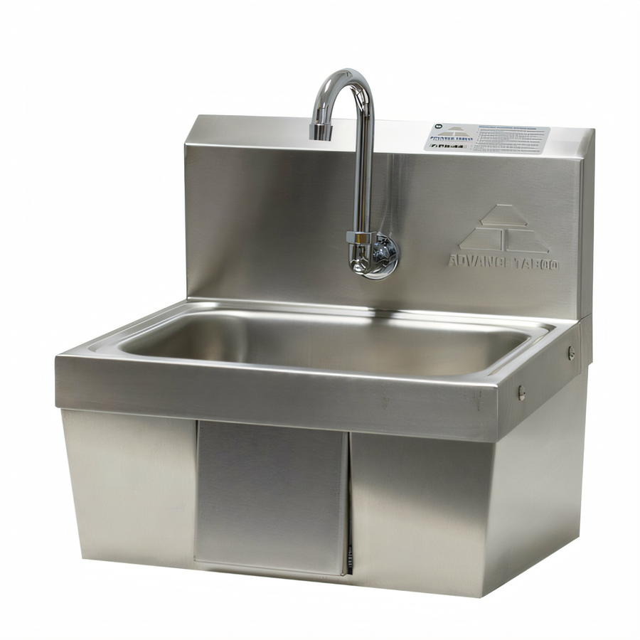 Product image #1 for Advance Tabco Wall Mounted Hand Sink with Gooseneck Faucet and Knee-Operated Push Panel, 14 x 10 x 5 Bowl, 304 Stainless Steel