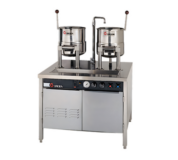 Product image #1 for Groen Electric Dual 20 Quart Hand-Tilt Kettle Cabinet Assembly with 36-Inch Stainless Steel Base