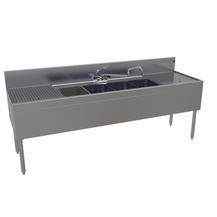 Product image #1 for Glastender Four-Compartment Underbar Sink Unit with Left and Right Drainboards and Deck-Mount Faucet, 84 Inch W x 24 Inch D