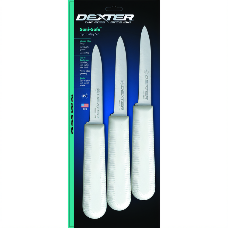 Product image #1 for Dexter-Russell Sani-Safe 3-1/4-Inch Cook's Style Paring Knife, Stain-Free High-Carbon Steel, Textured White Polypropylene Handle, Pack of 3