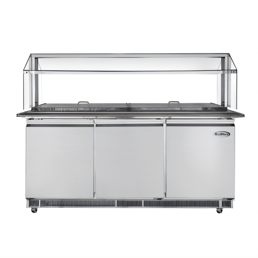 Product image #1 for Koolmore 70-3/5 Inch Wide 3-Door Commercial Refrigerated Prep Table with Sneeze Guard and Buffet Slide