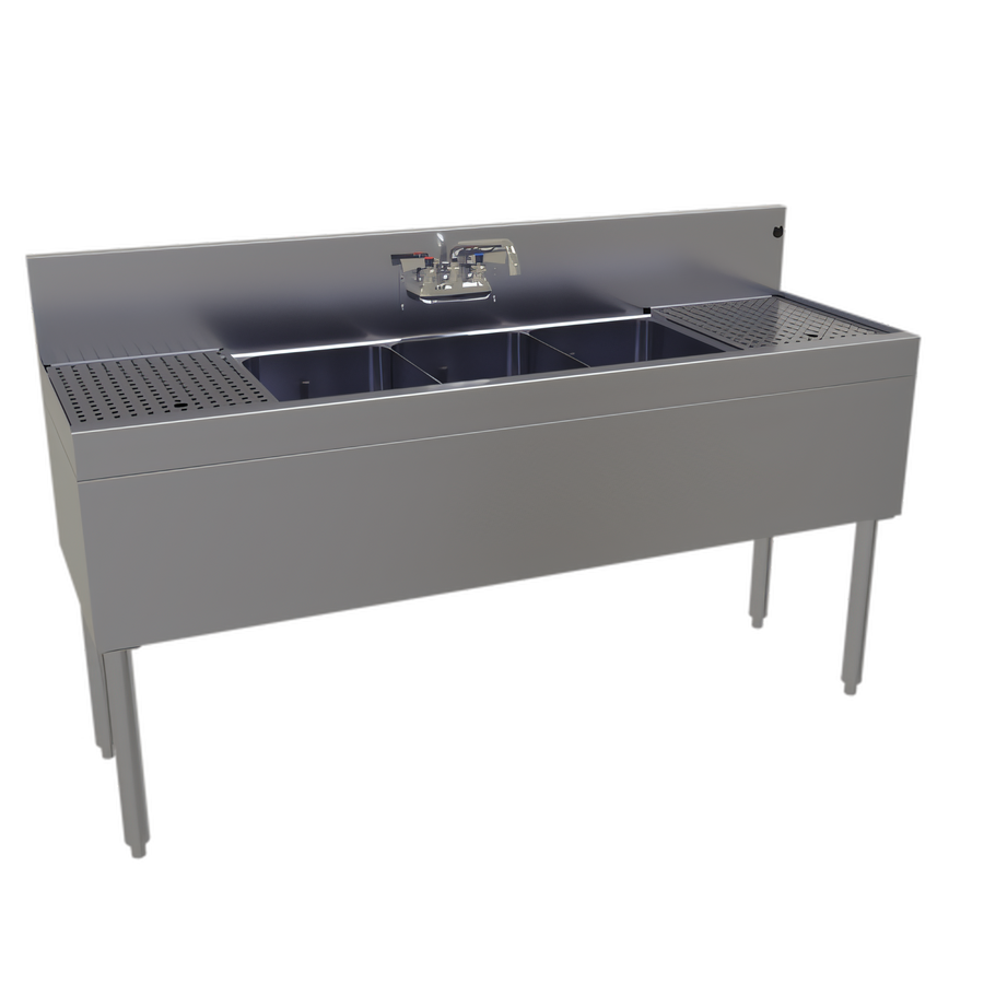 Product image #1 for Glastender Three-Compartment Underbar Sink Unit with Dual Drainboards, 60" W x 24" D, Stainless Steel