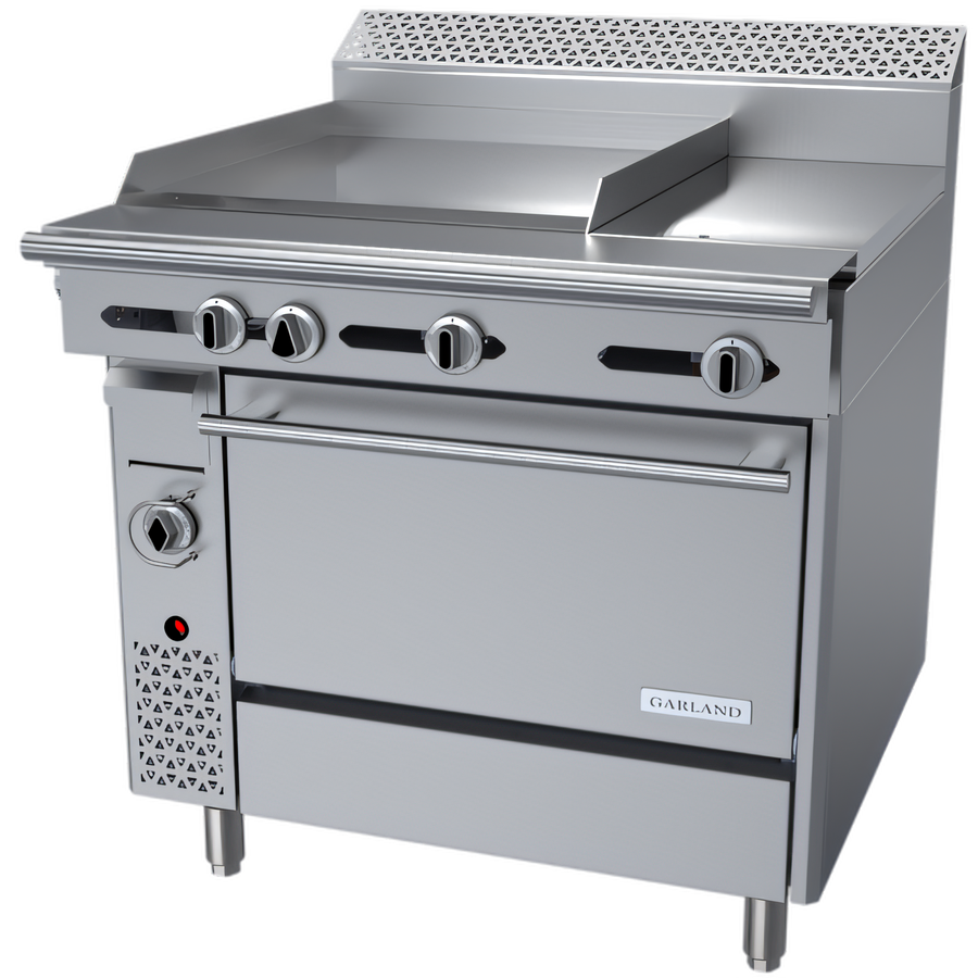 Product image #1 for Garland Cuisine 36-Inch Heavy Duty Natural Gas Combination Top Range with 24-Inch Thermostatic Griddle, 12-Inch Hot Top, and Standard Oven