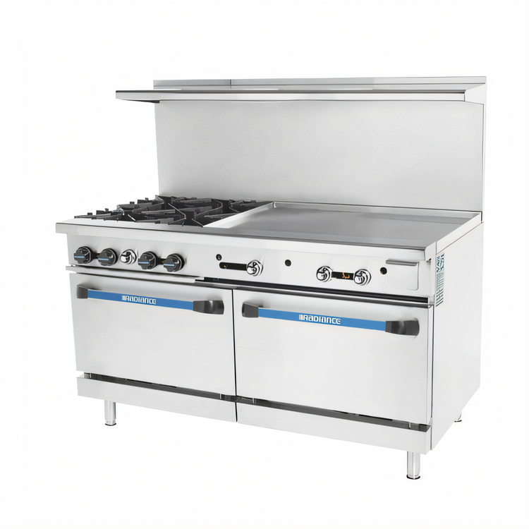 Product image #1 for Turbo Air Bake Tech Innovation Radiance 60-Inch Gas Restaurant Range with 4 Open Burners, 36-Inch Right Griddle, and 2 Standard Ovens