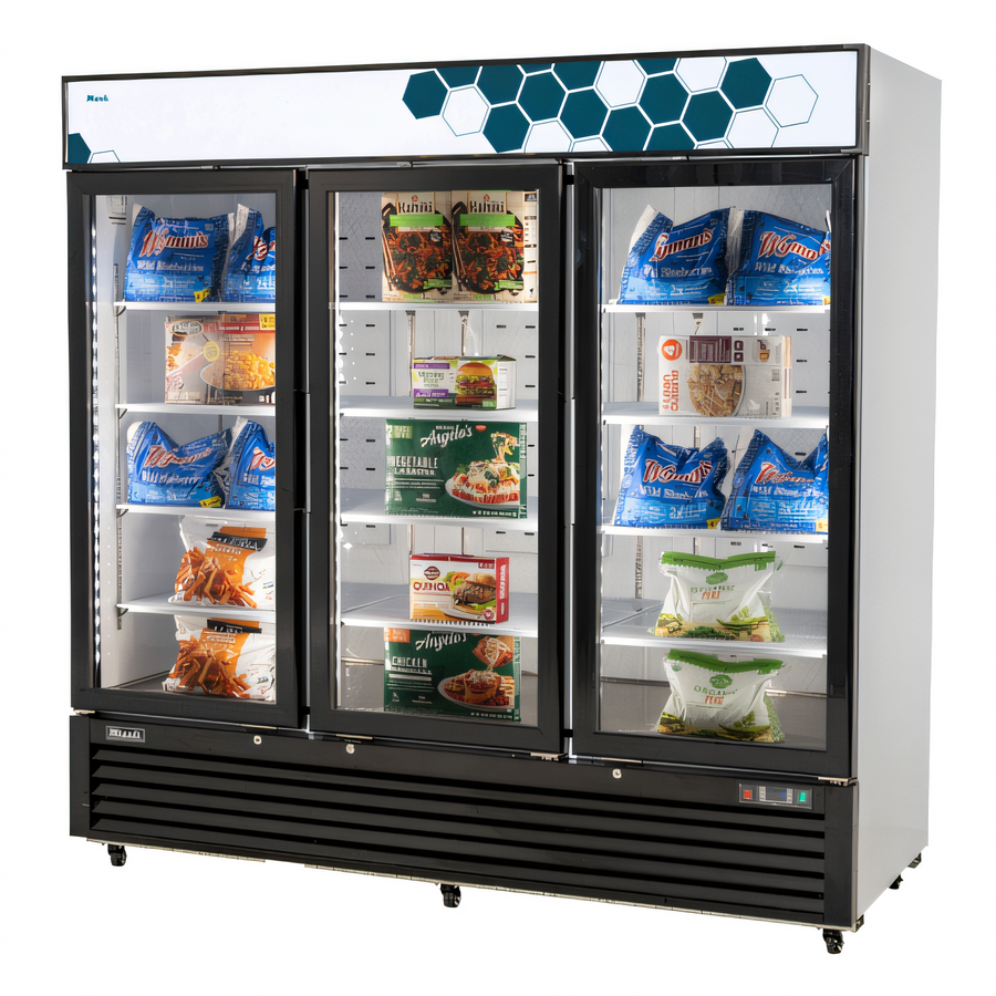 Product image #1 for Migali Competitor Series® Three-Section Reach-In Glass Door Freezer Merchandiser, 72 Cu. Ft., Bottom Mount, White