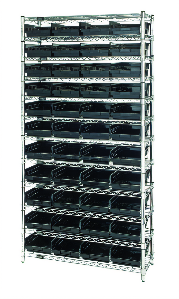 Product image #1 for Quantum Conductive Stationary Bin Wire Shelving System, 36W x 12D x 74H, Chrome Plated