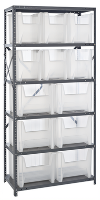 Quantum Heavy-Duty Wire Shelving Unit with 6 Shelves and 12 Clear Bins, 36 x 18 x 75 Inches