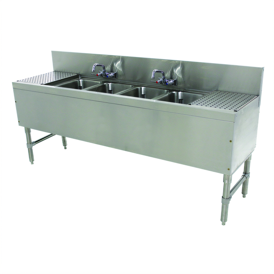 Product image #1 for Advance Tabco Prestige 4-Compartment Stainless Steel Underbar Sink Unit with Left and Right Drainboards and 2 Faucets, 96-Inch Wide