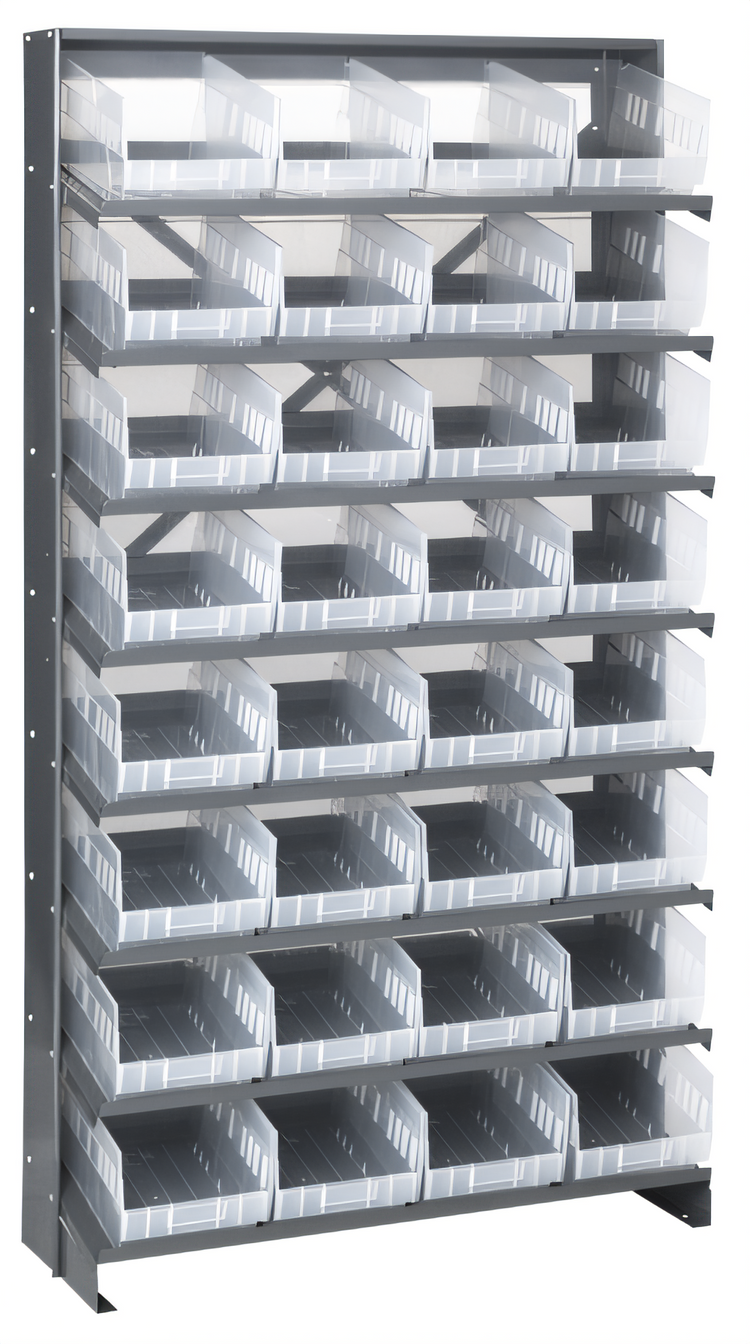 Product image #1 for Quantum Sloped Single-Sided Steel Pick Rack with 8 Shelves and 32 Clear Bins