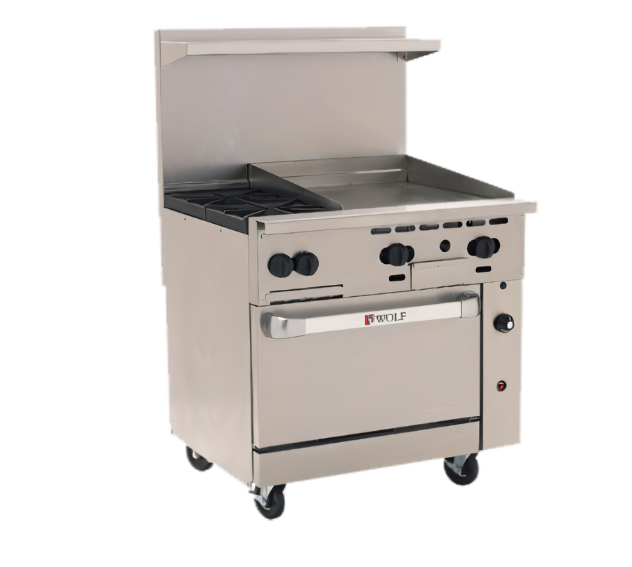 Product image #1 for Wolf Challenger XL 36-Inch Gas Restaurant Range with 2 Open Burners, 24-Inch Thermostatic Griddle, and Standard Oven