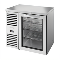 True 36-Inch One-Section Refrigerated Back Bar Cooler with Side-Mounted Self-Contained Refrigeration and Glass Door