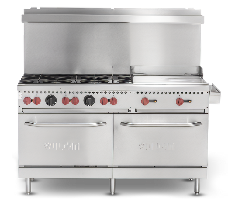 Product image #1 for Vulcan SX Series 60-Inch Commercial LP Gas Range with 6 Open Burners, 24-Inch Griddle, and 2 Standard Ovens