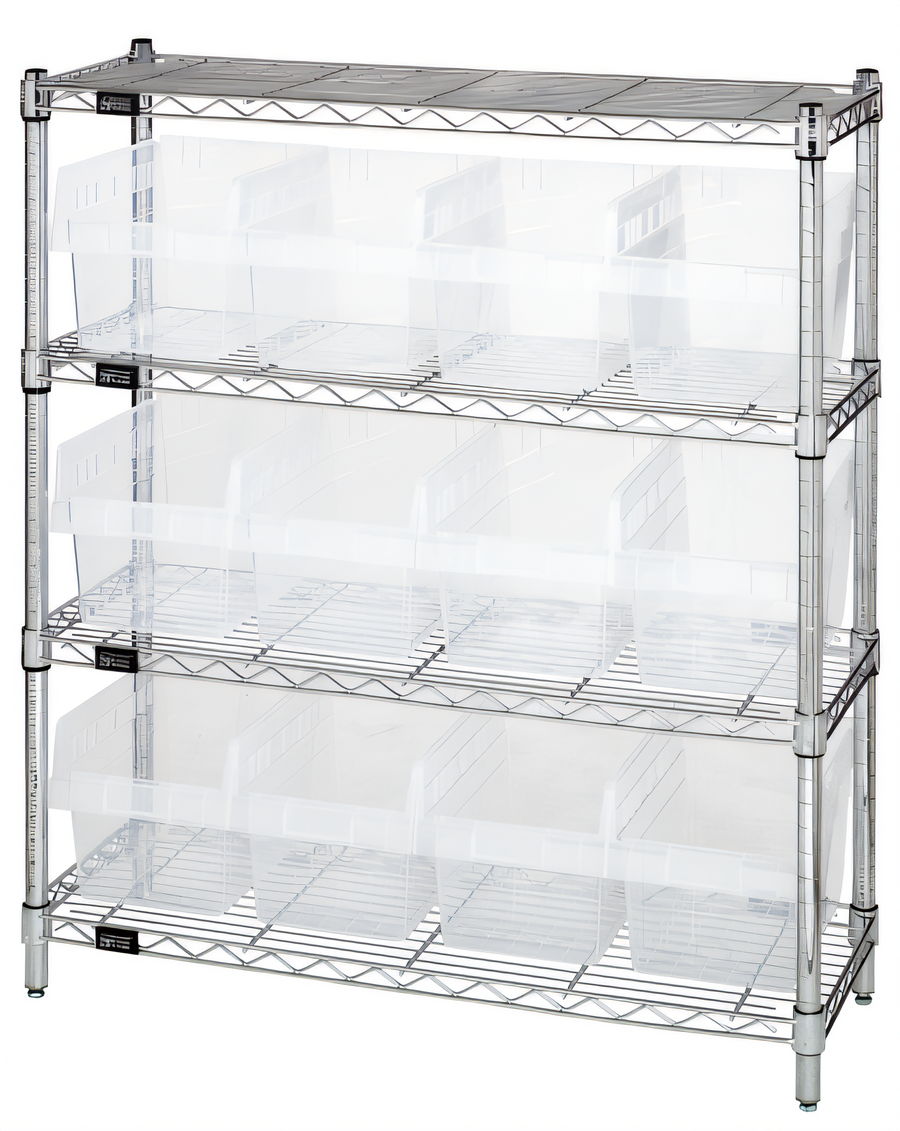 Product image #1 for Quantum 4-Shelf Wire Shelving Bin Center with 12 Clear Bins, 36W x 12D x 39H, Chrome-Plated