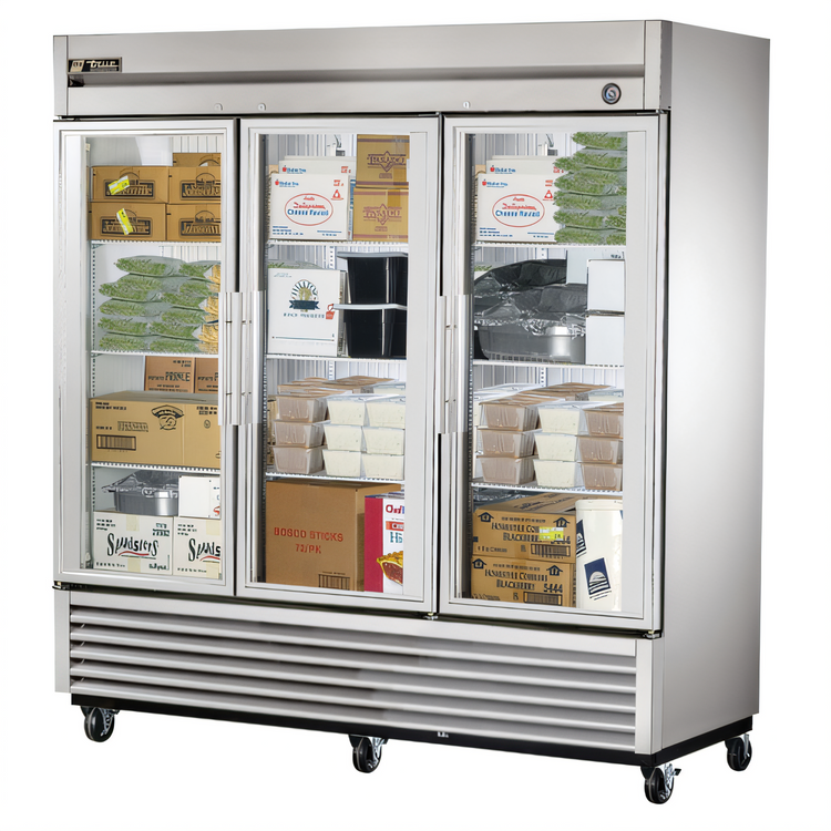 Product image #1 for True 3-Section Reach-In Glass Door Freezer with Triple-Pane Doors, -10°F, Self-Contained Bottom-Mount Refrigeration