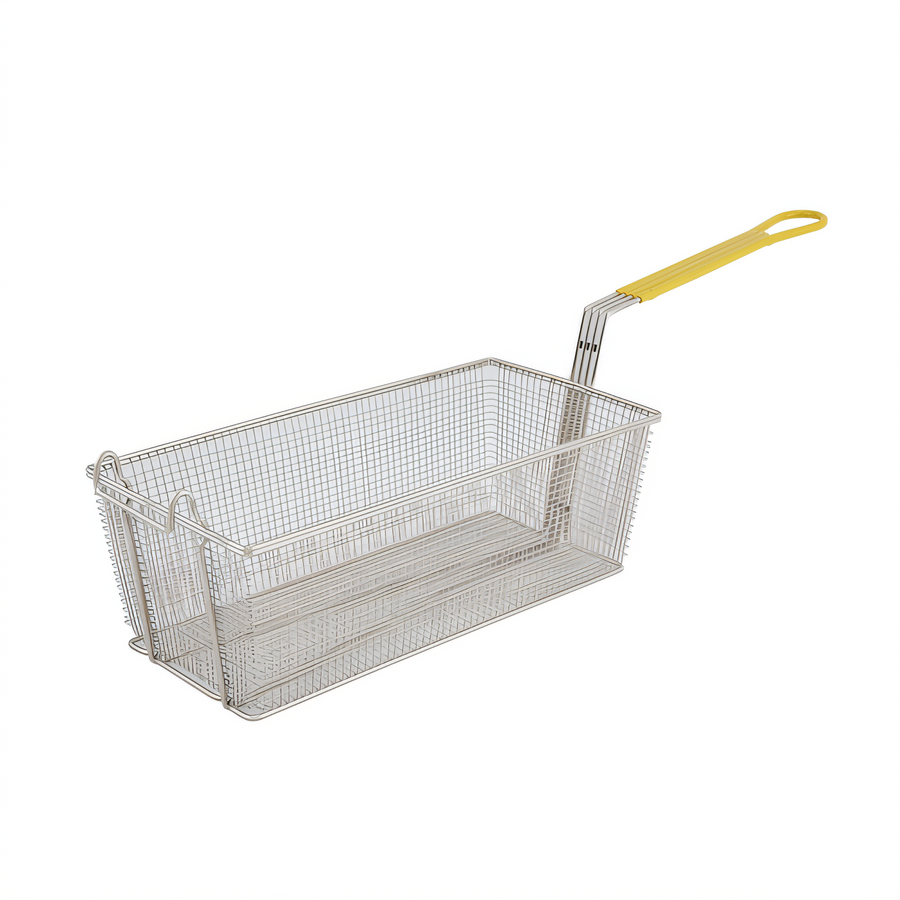 Product image #1 for Winco Extra-Large Rectangular Nickel-Plated Steel Fry Basket with 12-Inch Yellow Plastic Handle