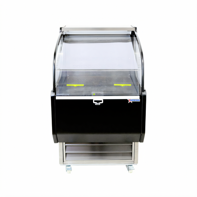 Product image #1 for Omcan 26-Inch Open Refrigerated Display Case with LED Lighting, Night Curtain, and Casters