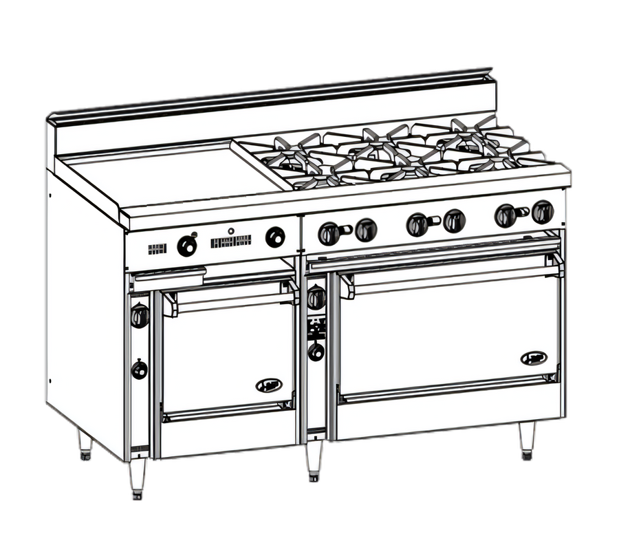 Product image #1 for Bistro 60-Inch Commercial Gas Range with 6 Open Burners, 24-Inch Griddle, Space Saver Oven, and Standard Oven