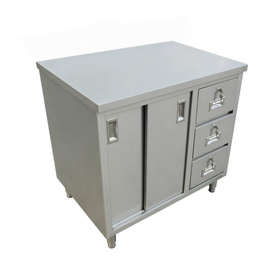 Product image #1 for Omcan USA Enclosed Stainless Steel Work Table with Sliding Doors and 3 Drawers, 48 x 24 x 36 Inches