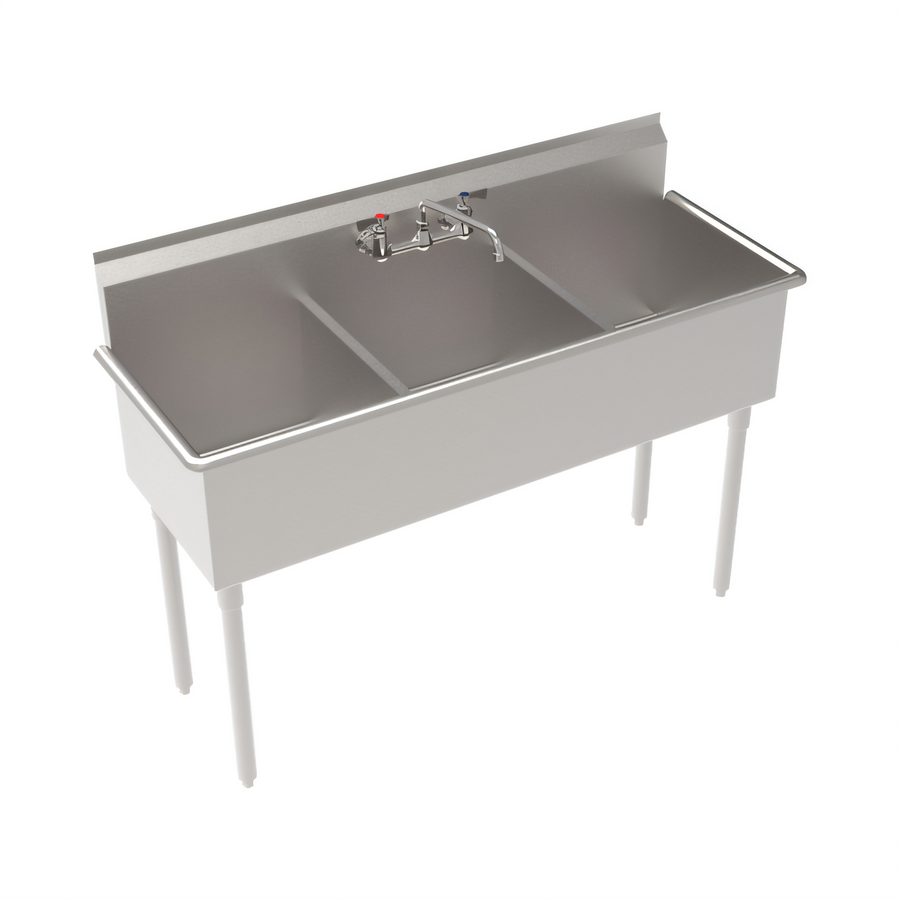 Product image #1 for Krowne Royal Series 3-Compartment Basin Sink, 57"W x 21-1/2"D, 18-Gauge 304 Stainless Steel, with Splash-Mount Faucet