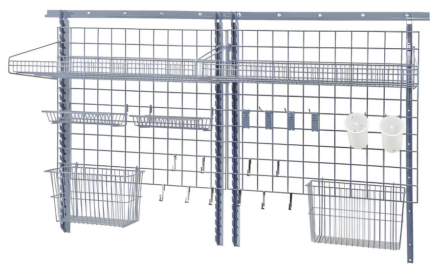 Product image #1 for Quantum Medium-Duty Wall-Mount Store Grid Starter Kit with Shelves, Baskets and Hooks
