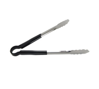 One-Piece 10 Inch Black Scalloped Edge Heavy-Duty Stainless Steel Utility Tongs with Poly-Coated Handle