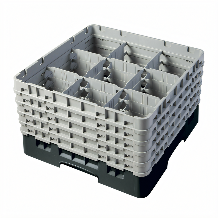 Product image #2 for Cambro Camrack® Full Size 9-Compartment Glass Rack with 5 Soft Gray Extenders, Black, 10-1/8 Inch Height