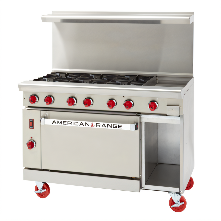 Product image #1 for American Range Green Flame 48-Inch Commercial Gas Range with 24-Inch Griddle, 4 Open Burners, Standard Oven, and Storage Base