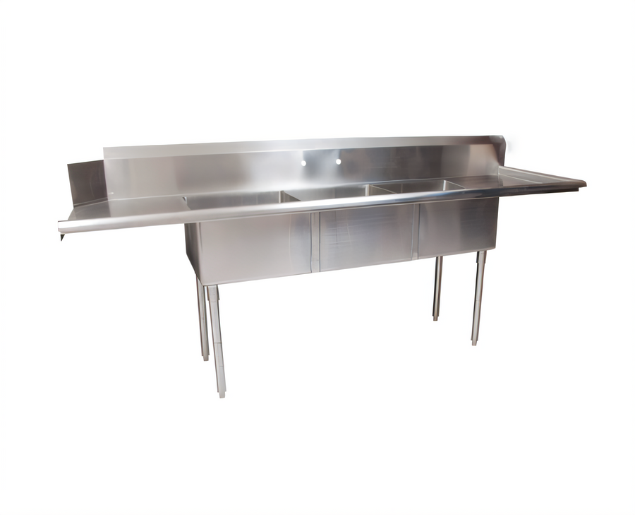 Product image #1 for Klinger's Trading Straight Soiled Dish Table with 3-Compartment Sink, Right-to-Left, 30-3/8 x 100 x 44 Inches