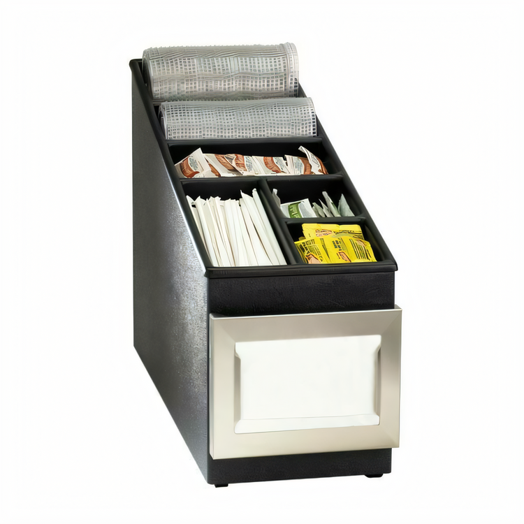 Product image #1 for Black Polystyrene Lid, Straw & Condiment Organizer with Stainless Steel Napkin Dispenser