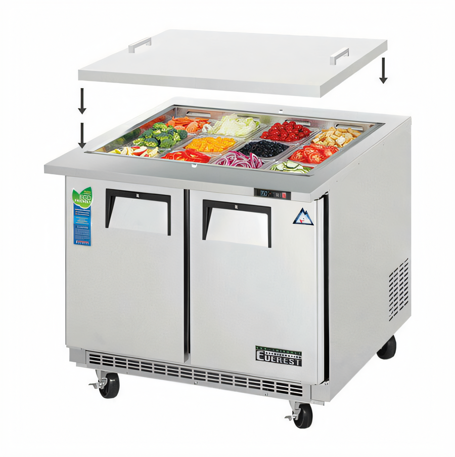 Product image #1 for Everest Refrigeration EOTPS2 Mega-Top Open Top Refrigerated Prep Table, 2-Section, 35-5/8-Inch, Stainless Steel, 12 x 1/6-Size Pan Opening
