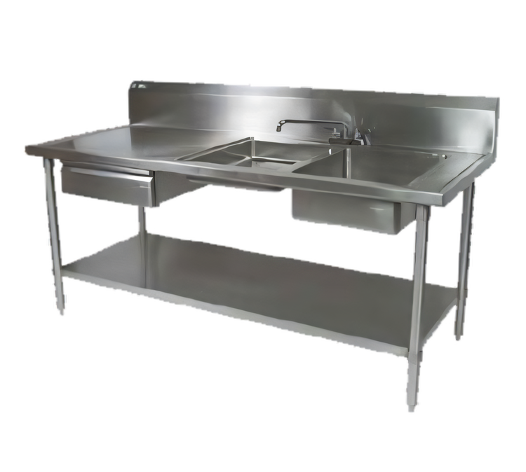 Product image #1 for John Boos 96-Inch Stainless Steel 2-Compartment Right-End Sink Prep Table with 10-Inch Backsplash, Drawer, and Sliding Cutting Board