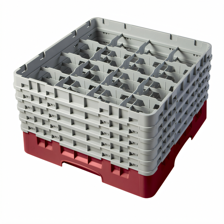 Product image #2 for Cambro Camrack® Full-Size 16-Compartment Glass Rack with 5 Soft Gray Extenders, Cranberry