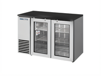 True 48-Inch Two-Section Back Bar Cooler with Glass Hinged Doors and Left-Side Condensing Unit