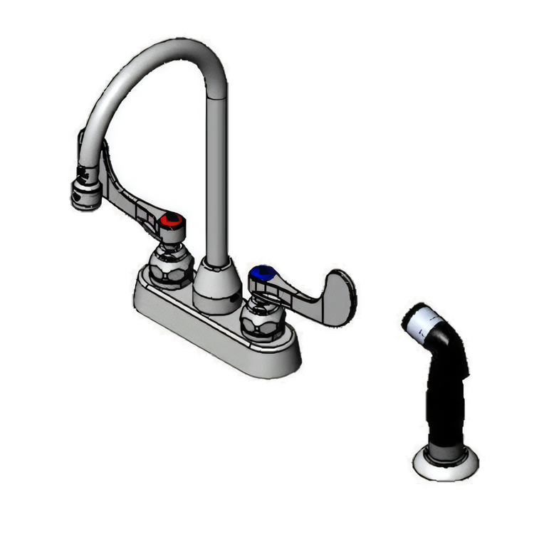 Product image #1 for T&S Brass B-1170 4-Inch Center Deck-Mount Workboard Faucet with Swivel Gooseneck, Diverter, Side Spray, and Wrist Handles