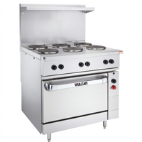 Vulcan 36-Inch Electric Restaurant Range with 4 French Plates, 12-Inch Hot Top, Standard Oversized Oven, and High Shelf - 480V