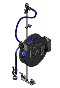 Open Stainless Steel Retractable Hose Reel Assembly with Exposed Piping and 3/8-Inch x 50-Foot Hose