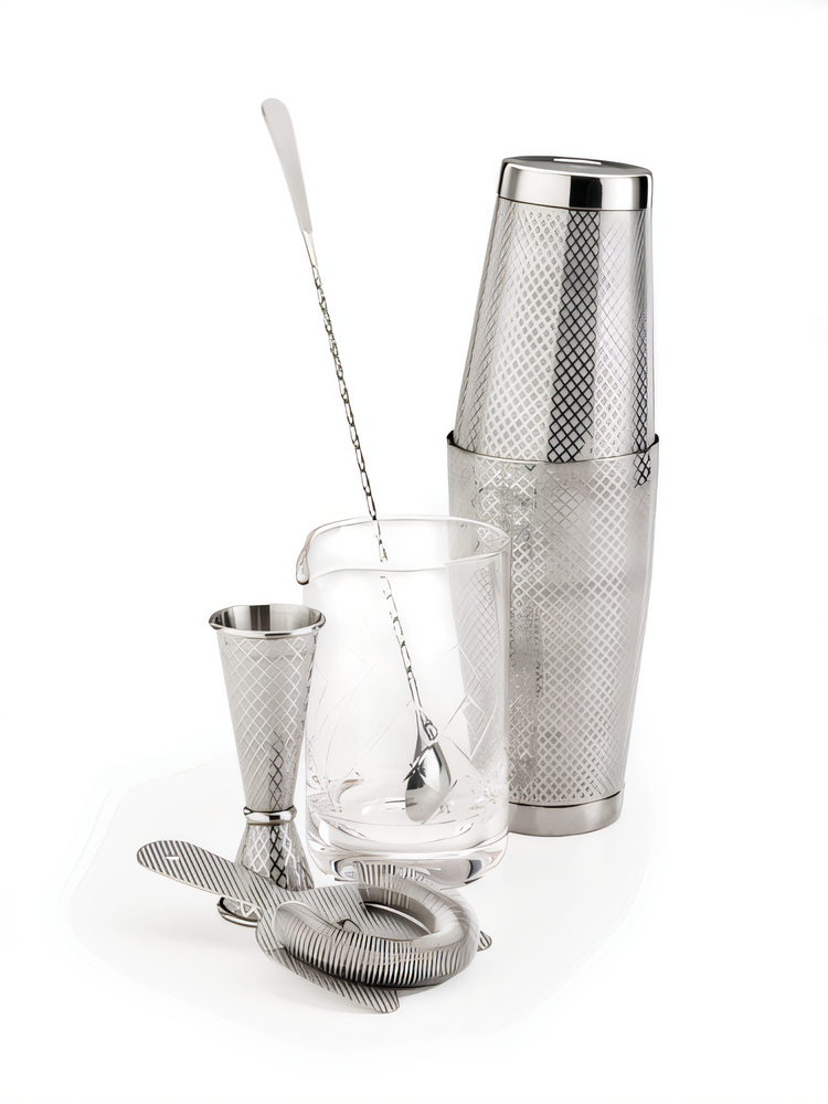 Product image #1 for Barfly Diamond Lattice 5-Piece Stainless Steel Cocktail Mixing Set with 18 oz & 28 oz Shakers, 17 oz Mixing Glass