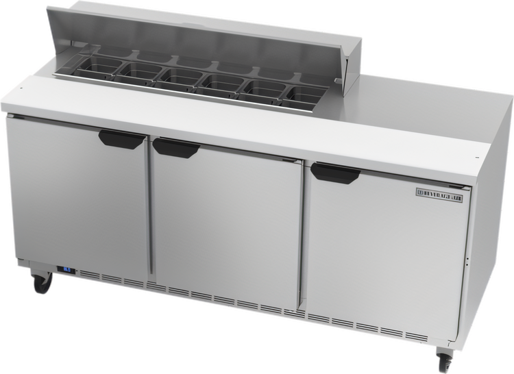 Product image #1 for Beverage-Air 72-Inch Three-Section Sandwich Top Refrigerated Prep Table with 3 Doors and 12-Pan Top