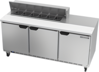Beverage-Air 72-Inch Three-Section Sandwich Top Refrigerated Prep Table with 3 Doors and 12-Pan Top