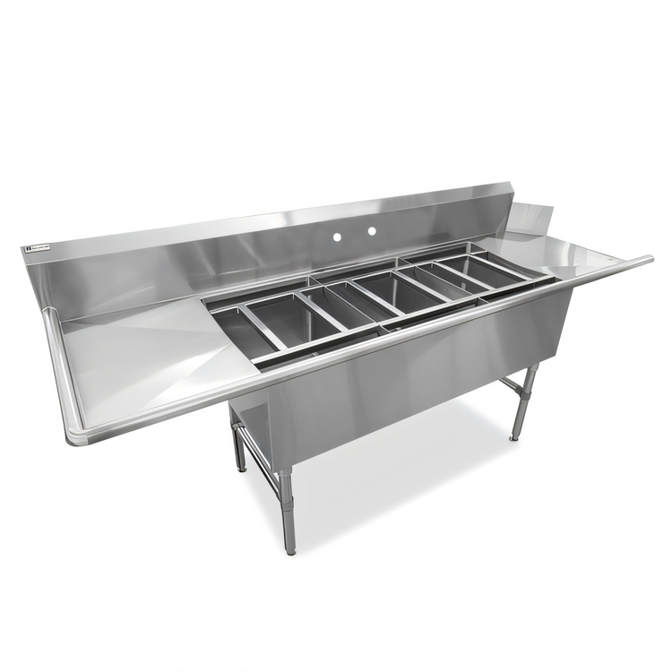 Product image #1 for John Boos 3-Compartment Stainless Steel Clean Dishtable/Pot Sink with Dual 24" Drainboards and Right-Side Dish Machine Attachment