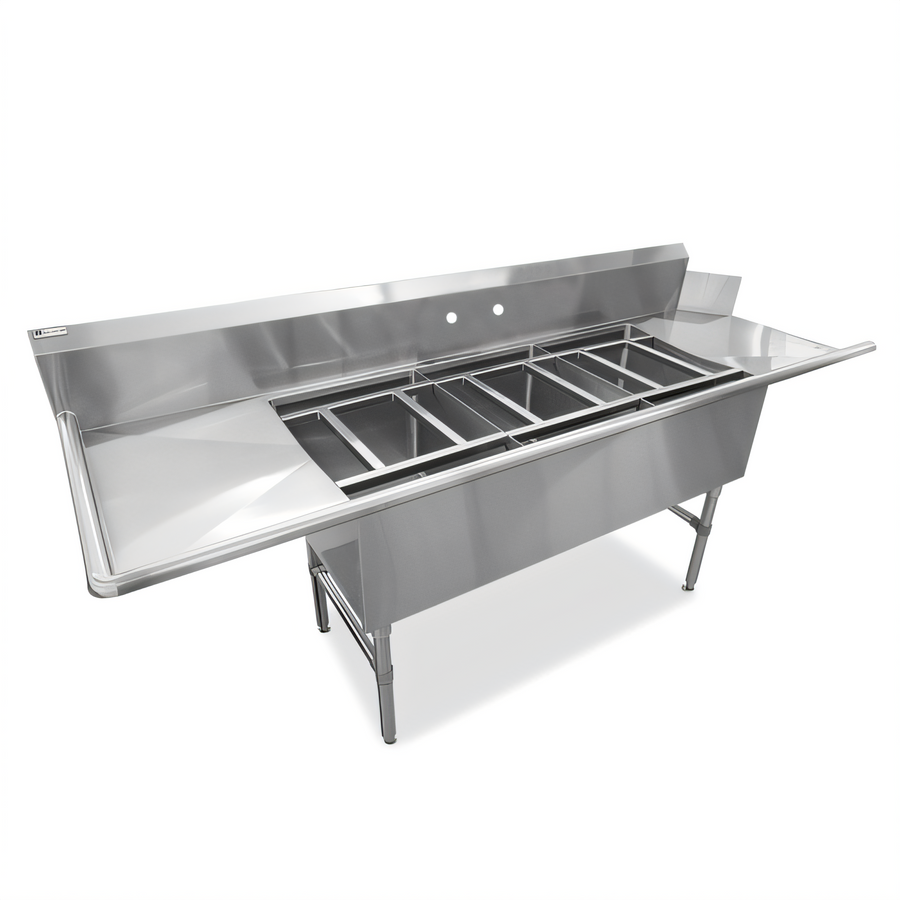 Product image #1 for John Boos 3-Compartment Stainless Steel Clean Dishtable/Pot Sink with Dual 24" Drainboards and Right-Side Dish Machine Attachment