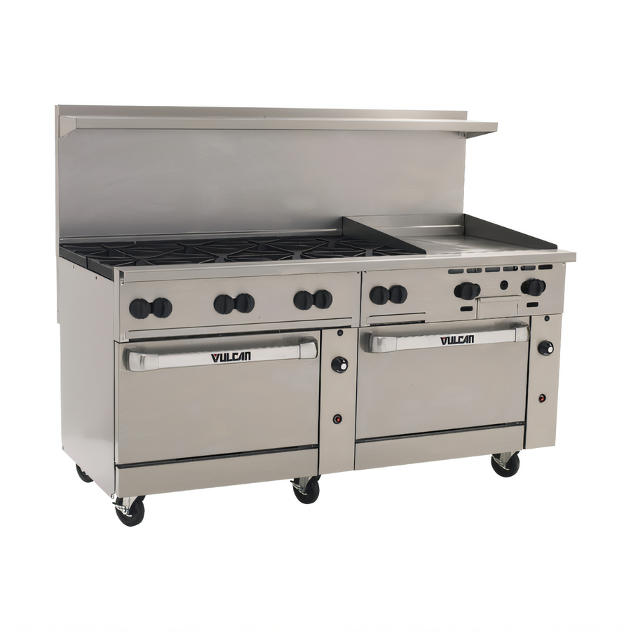 Product image #1 for Vulcan Endurance 72-Inch Gas Restaurant Range with 8 Open Burners, 24-Inch Griddle, and 2 Standard Ovens