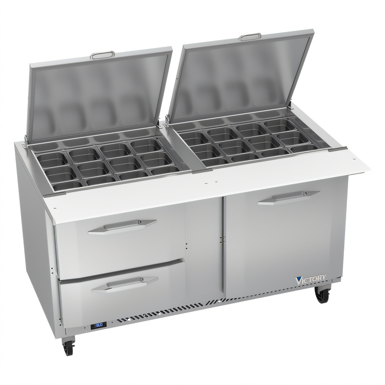 Product image #1 for Victory UltraSpec™ V-Core™ Big Top Two-Section Sandwich Prep Table with 24-Pan Top, 60-Inch, Doors & Drawers