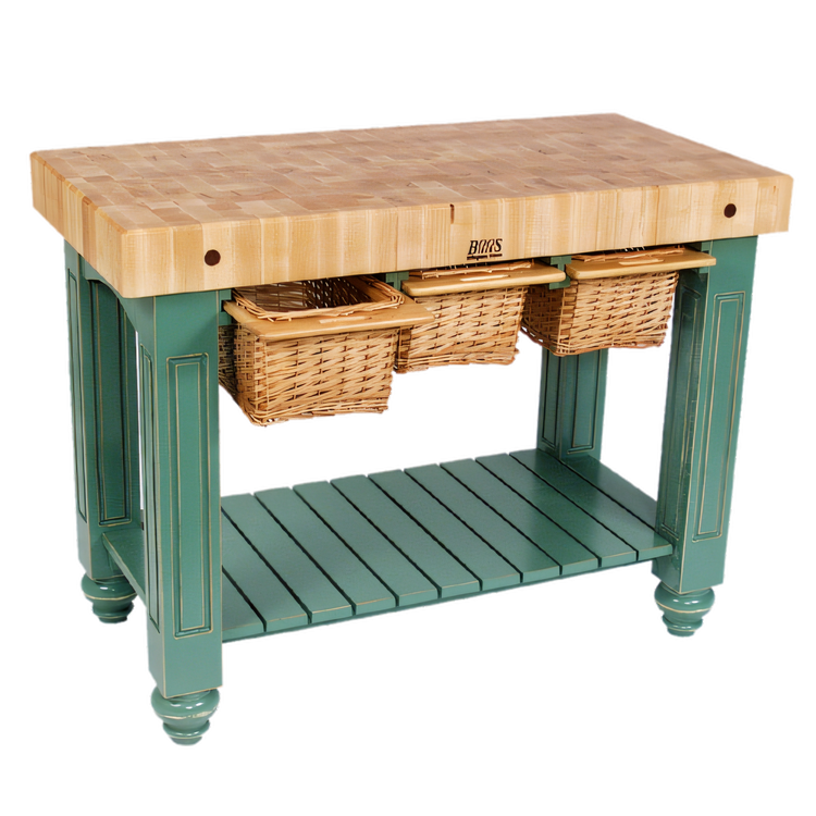Product image #1 for American Heritage Maple Gathering Block Wood Work Table with 4-Inch End Grain Top, 3 Wicker Baskets, 48 x 24 x 36 Inches