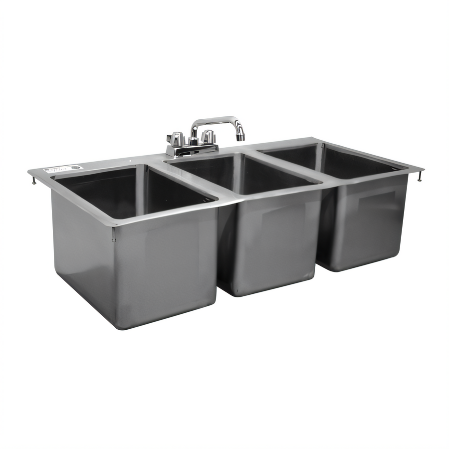 Product image #1 for Serv-Ware 55-Inch 3-Compartment Drop-In Stainless Steel Sink with Faucet and Basket Strainer