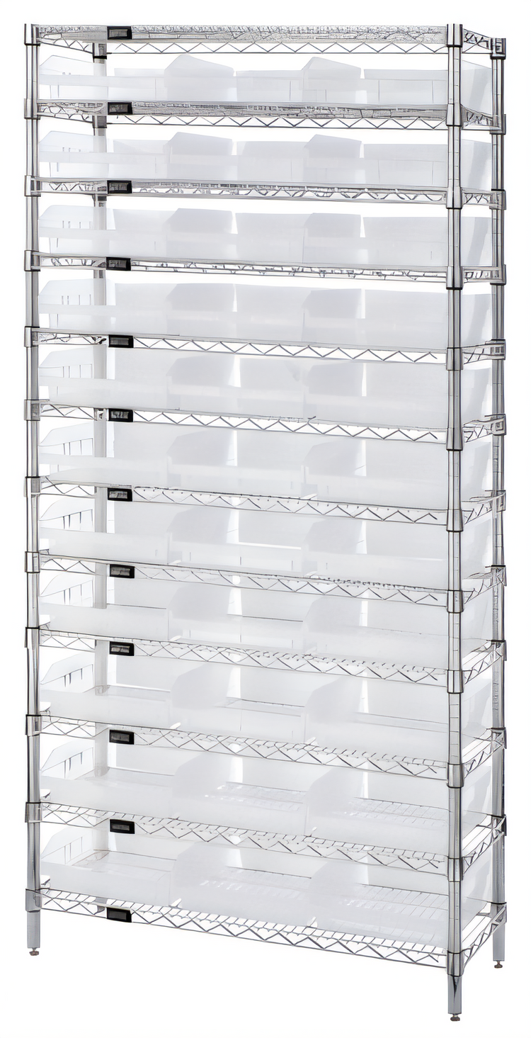 Product image #1 for Quantum 36 Inch W x 18 Inch D x 74 Inch H Chrome Plated Stationary Bin Wire Shelving System with 33 Clear Bins