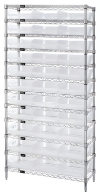 Quantum 36 Inch W x 18 Inch D x 74 Inch H Chrome Plated Stationary Bin Wire Shelving System with 33 Clear Bins